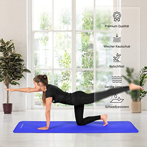 Gymnastikmatte Premium inkl. Tragegurt + Übungsposter + Workout App I Hautfreundliche Fitnessmatte 190 x 100 x 1,5 cm - Königsblau - Phthalatfreie Yogamatte